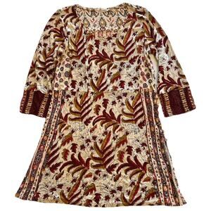 NWT Soft Surroundings Tunic Small Brown Fall Print Gold Button Side Knit Sleeves